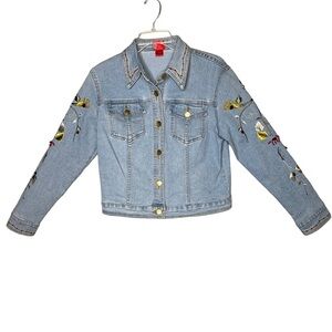 Fall Leaves Embroidered Stretch Denim Jacket